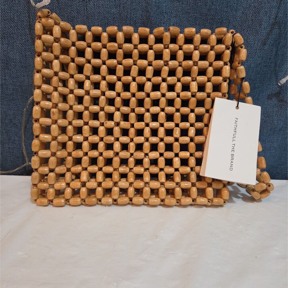 Faithfull The Brand Beaded Clutch Wood Boho Summer Bag NWT FFA056